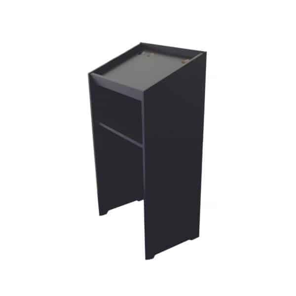 Tall dark freestanding cabinet with two open compartments on the left side, standing on short feet