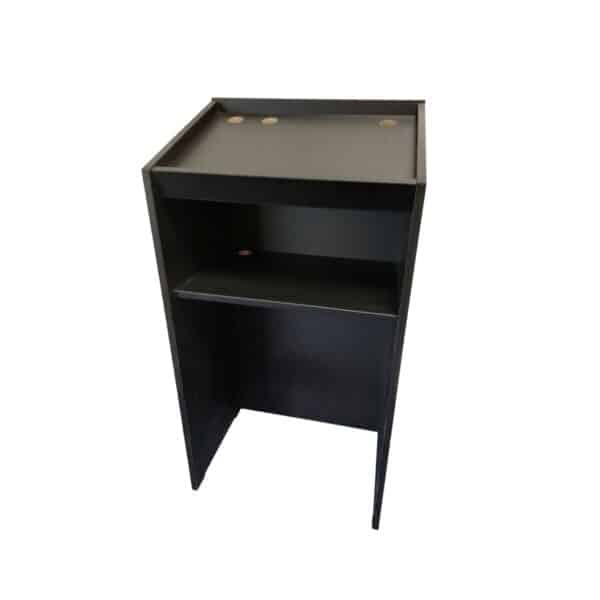Black metal storage cabinet with two open shelves and a top surface for small items.